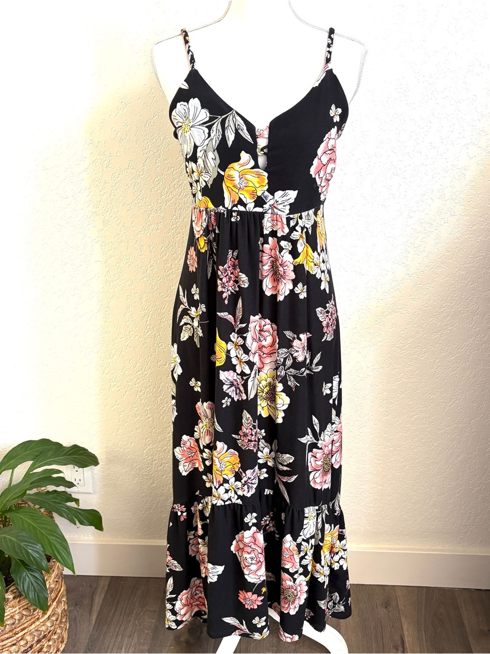 Derek Heart Black Maxi Dress with Pink & Yellow Floral Print L
